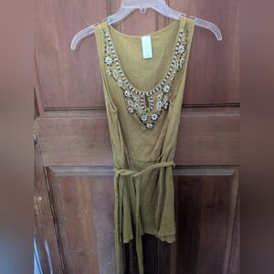 Embellished Beaded Floral Fairy Boho Cottagecore Olive Green Cotton Tank Top L